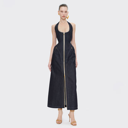Elegante Vestido Liso sin Mangas con Cuello Halter Ajustado y sin Espalda de Jean para Verano