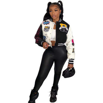Urban Autumn Winter Positioning Printing Press Button Stitching Thread Varsity Jacket - Wanita Store