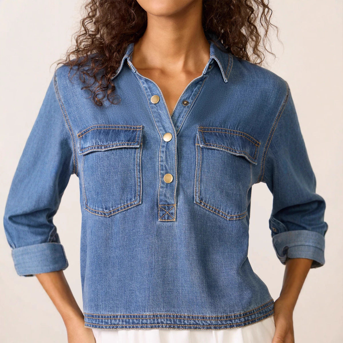 Women Clothing Casual Polo Collar V neck Pullover Denim Shirt - Wanita Store