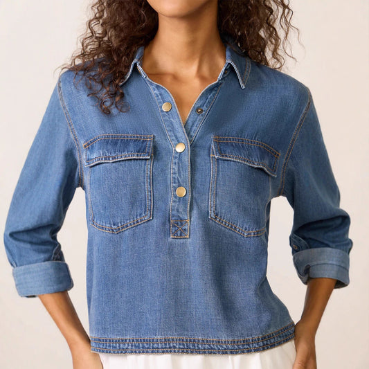 Women Clothing Casual Polo Collar V neck Pullover Denim Shirt - Wanita Store