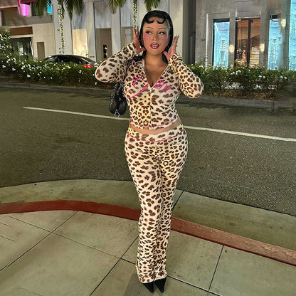 Summer Pattern Print Hooded Cardigan Top Leopard Print High Waist Tight Trousers Suit Women - Wanita Store