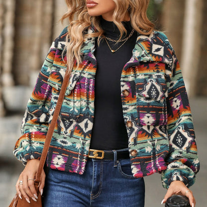 Autumn Winter Women Clothing National Printed Loose Long Sleeves Short Coat Women - Wanita Store