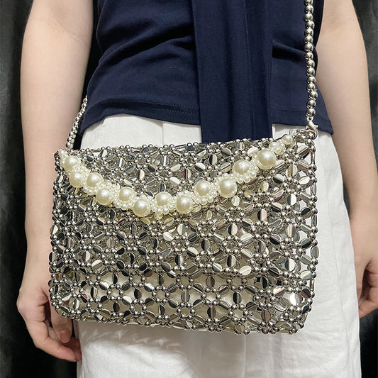 Korean Niche Casual Beaded Woven Bag Chain Shoulder Bag Simple All Match Crossbody Handbag for Women
