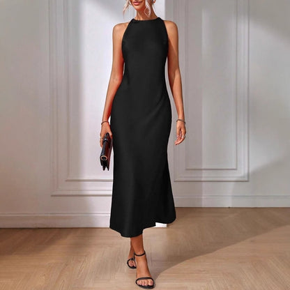Satin Dress Women Clothing Spring Summer Sleeveless Split Satin Imitation Silk Maxi Dress - Wanita Store