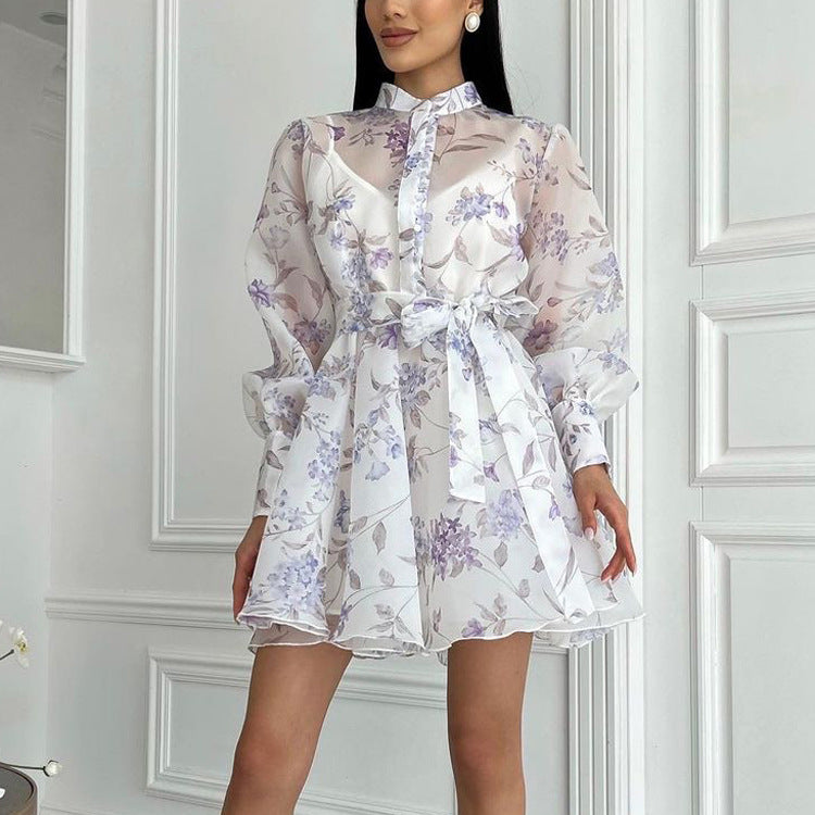 Robe cache-cœur élégante à col montant, manches longues et imprimé dentelle pour femme