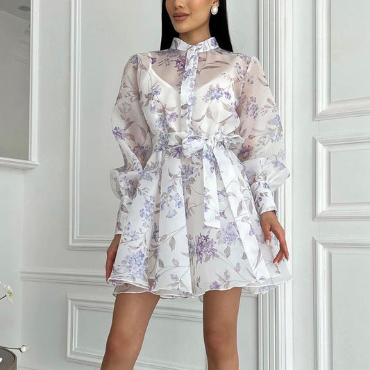 Women Elegant Stand Collar Long Sleeve Lace Printing A line Cami Dress