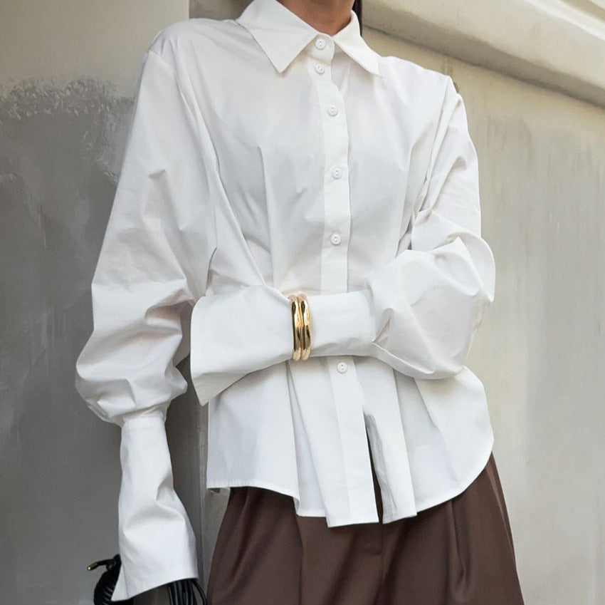 Court White Cotton Shirt Women Light Luxury Pleat Waisted Slim-Fit Long-Sleeved Collared Shirt - Wanita Store
