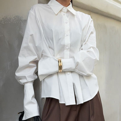 Court White Cotton Shirt Women Light Luxury Pleat Waisted Slim-Fit Long-Sleeved Collared Shirt - Wanita Store