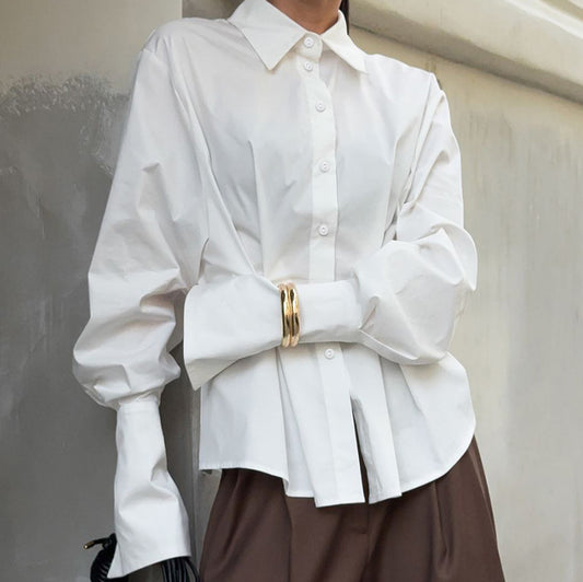 Court White Cotton Shirt Women Light Luxury Pleat Waisted Slim-Fit Long-Sleeved Collared Shirt - Wanita Store