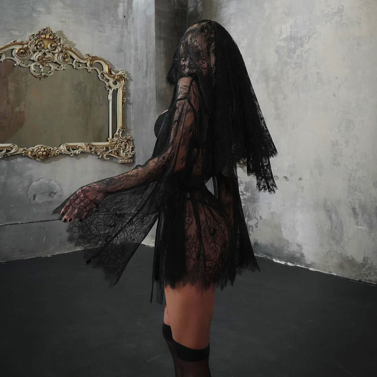 Fashionable See through Lace Slim Long Sleeve Hollow Out Cutout out Outerwear Gown with Body Shaping Sexy Underwear Sets Assembly Veil