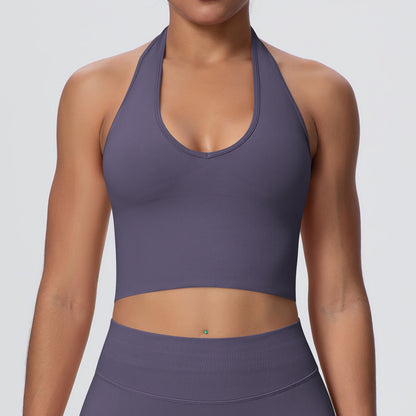 Solid Color Sports Back Shaping High Strength Poly Vest Breathable Waist Trimming Knitted Halter Bra Fitness Clothes Yoga Clothes - Wanita Store