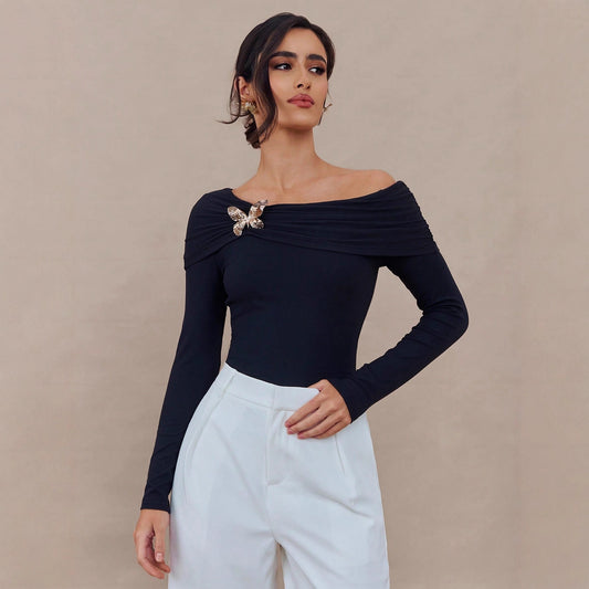 Haut Femme Moulant à Manches Longues Motif Papillon Épaule Dénudée Printemps