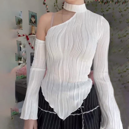 Spring Women Clothing Strip Sexy Street Long Sleeve Diagonal Collar Halterneck T Shirt Women - Wanita Store