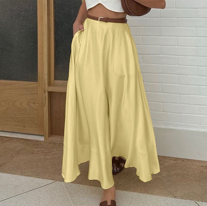 Satin Draping Yellow Skirt Women Spring Summer Simple Pocket High Waist Hip Skirt - Wanita Store