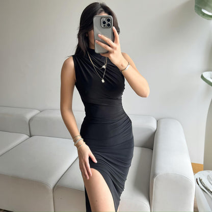 Summer Solid Color Split High Waist Slim Sexy Sleeveless Long Women Clothing Dress - Wanita Store