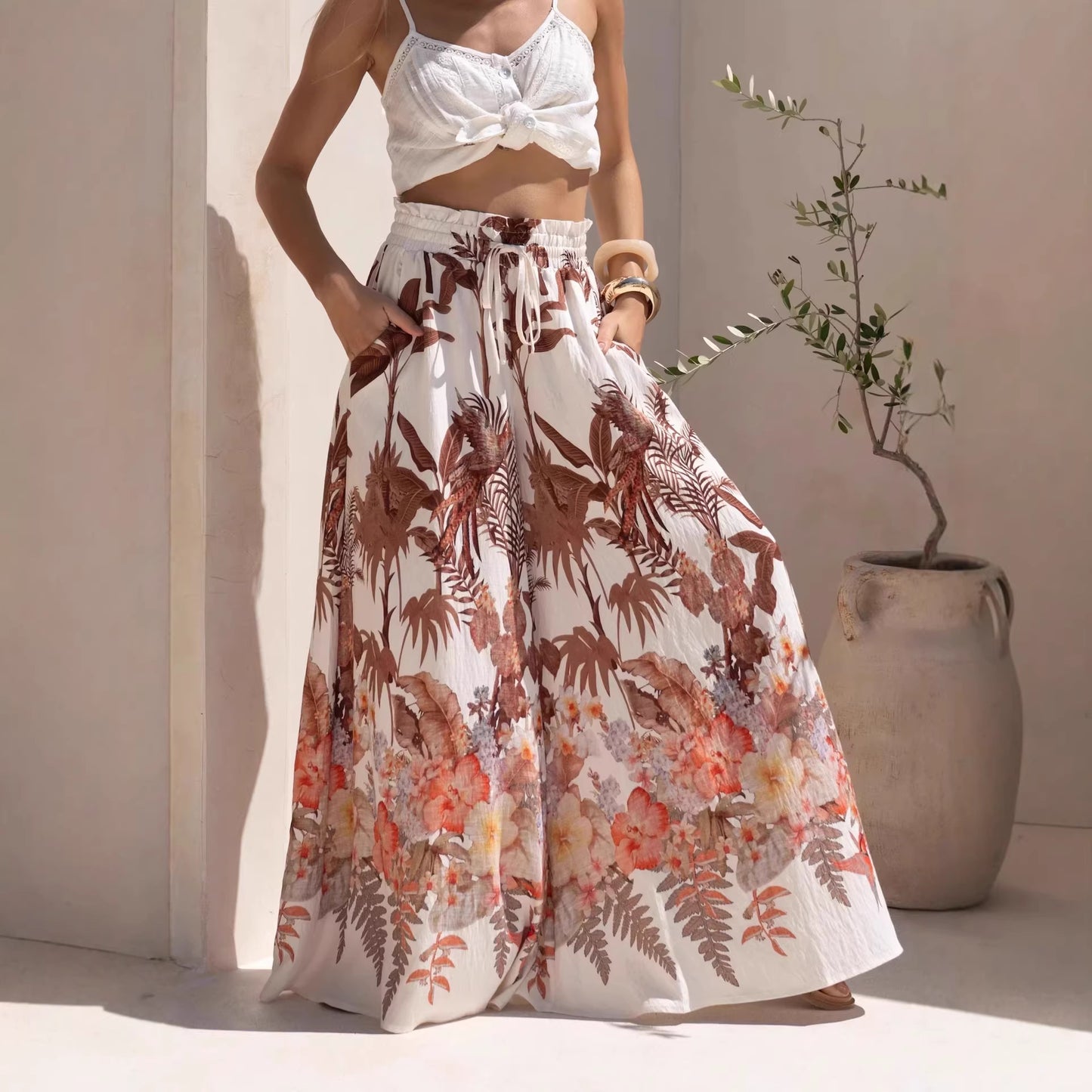 Pantalones de Verano de Pierna Ancha Estampado de Hojas Casuales Sueltos de Pierna Ancha