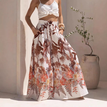 Pantalones de Verano de Pierna Ancha Estampado de Hojas Casuales Sueltos de Pierna Ancha