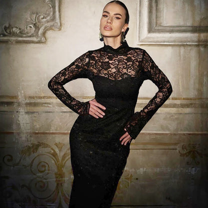 Women Clothing Summer Sexy Lace Stitching Slim Long Sleeve Dress - Wanita Store