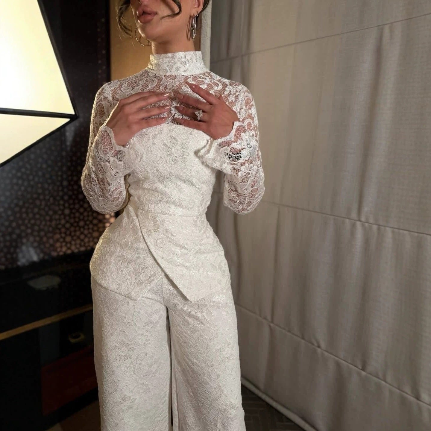Spring Summer French Sexy Lace Patchwork Turtleneck Long Sleeve Jumpsuit