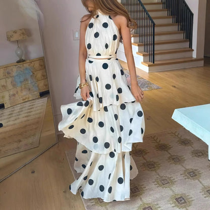 Polka Dot Printed Halter Sleeveless Top Tiered Skirt Two Piece Sets - Wanita Store
