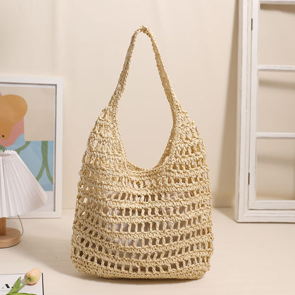 French Large Capacity Shoulder Straw Bag Hollow Out Cutout Tote Portable Straw Bag Woven Bag Seaside Vacation Beach Bag - Wanita Store