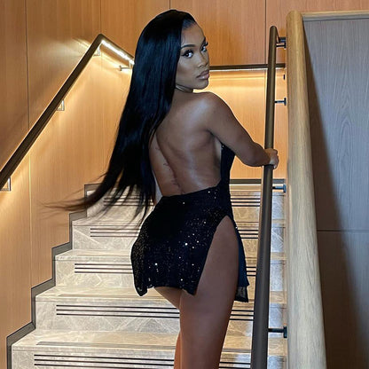 Fried Street Sexy Backless Hollow Out Cutout out Halter Slimming Short Women Dress - Wanita Store