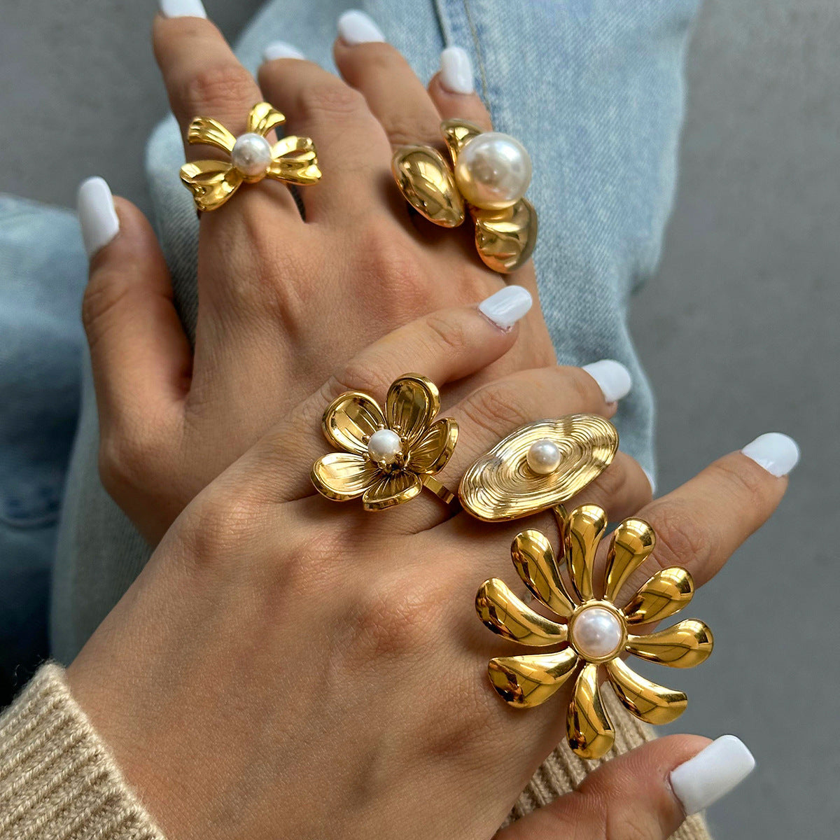 Stainless Steel Floral Pearl Ring Exaggerated High Sense Ring Titanium Steel Rings Ornament - Wanita Store