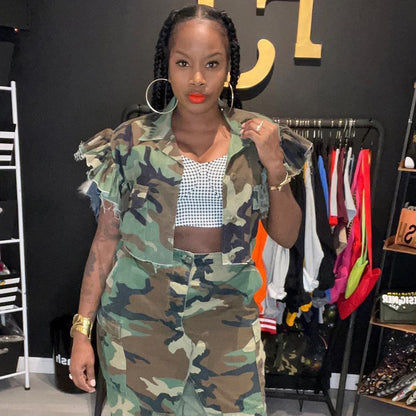 Camouflage Women Clothing Flounce Sleeve Pocket Personalized Cardigan Outdoor Short Sleeve Women Coat - Wanita Store