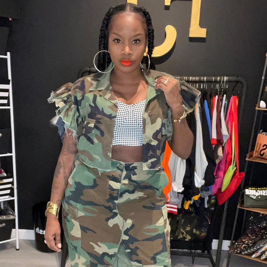 Camouflage Women Clothing Flounce Sleeve Pocket Personalized Cardigan Outdoor Short Sleeve Women Coat