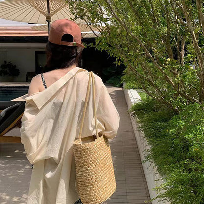 Simple Straw Shoulder Woven Bag Straw Bag Vacation Beach Bag Women Bag - Wanita Store