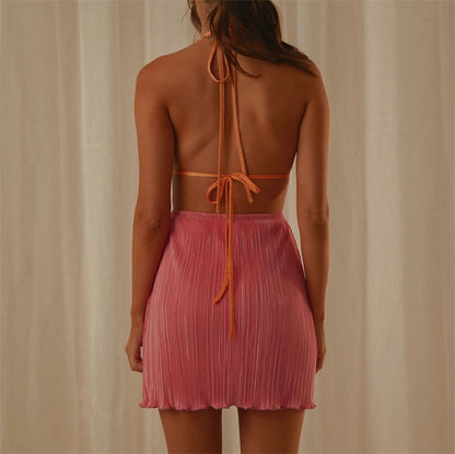 Summer Sexy V Neck Backless Pleated Dress Women Halter Lace Up Cutout Short Dress - Wanita Store