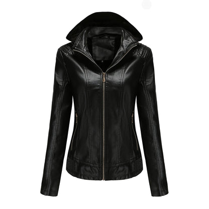 Fall Winter Hooded Leather Coat Women's Detachable Hat Long Sleeve Zipper Fleece-Lined Leather Jacket Slim Coat - Wanita Store