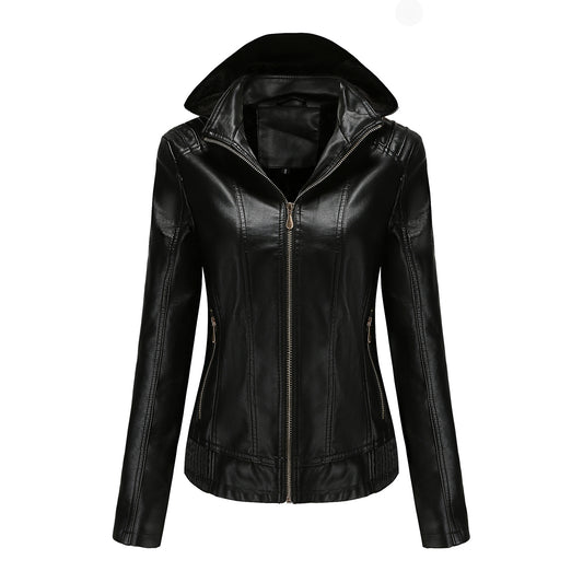 Fall Winter Hooded Leather Coat Women's Detachable Hat Long Sleeve Zipper Fleece-Lined Leather Jacket Slim Coat