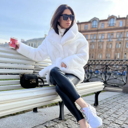 Fur Coat Imitation Rabbit Fur Collared Thickening Warm with Belt Coat Women Plush - Wanita Store