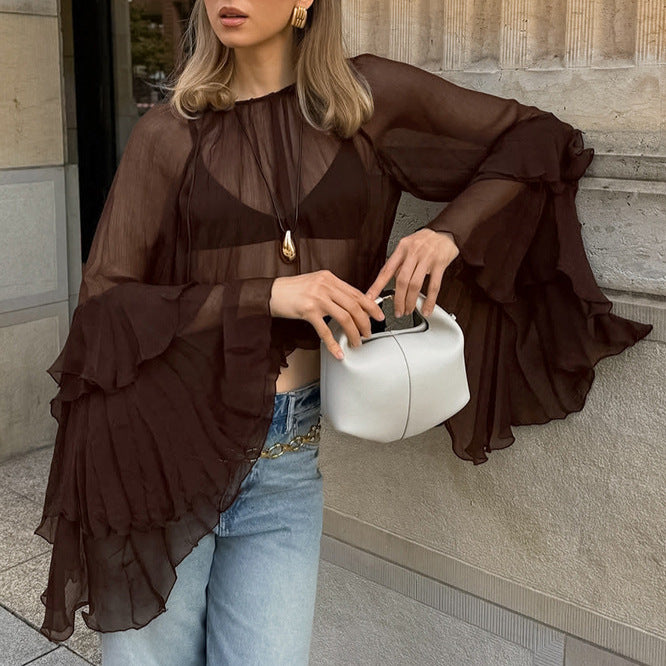 Blusa de chifón suelta suave con cuello redondo y manga con volantes para mujer, llegada de primavera
