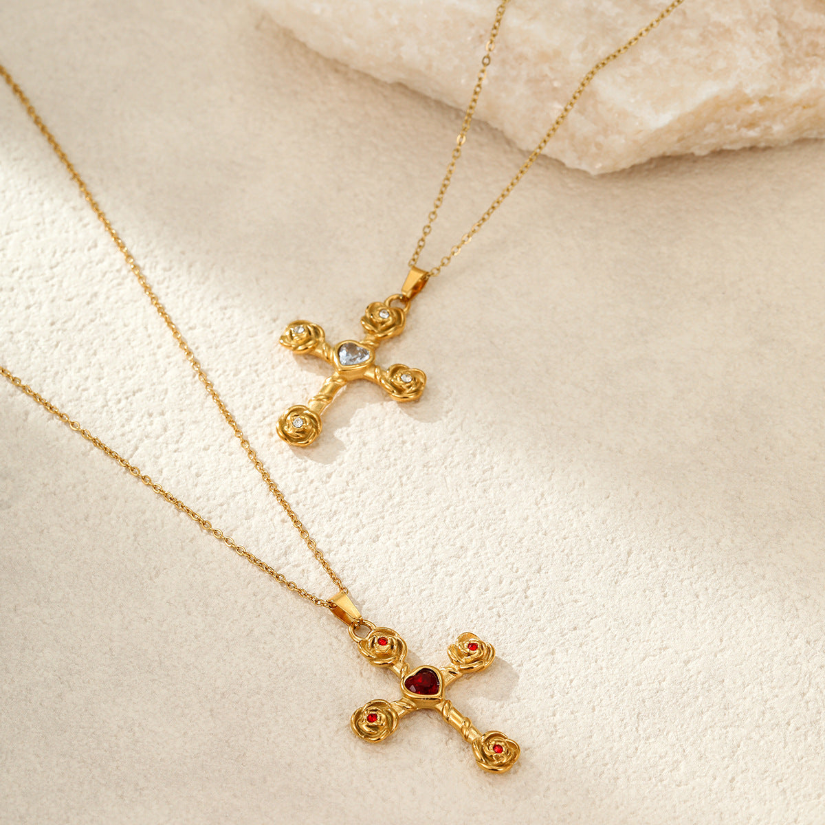 Elegance Retro Advanced Necklace Stainless Steel 18K Gold Color Diamond Rose Cross Embellished - Wanita Store