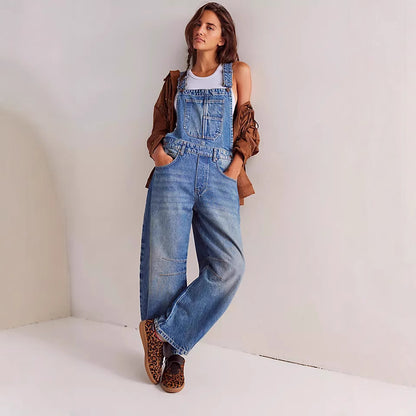 Street Washed out Vintage Loose Straight Cargo Jeans Suspender Pants - Wanita Store