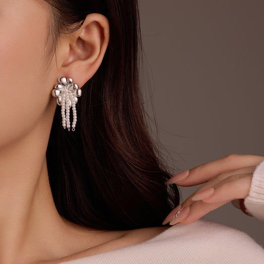 All Match Fashionable Stainless Steel Floral Pearl Tassel Titanium Steel Gold Plated Stud Earrings for Women - Wanita Store