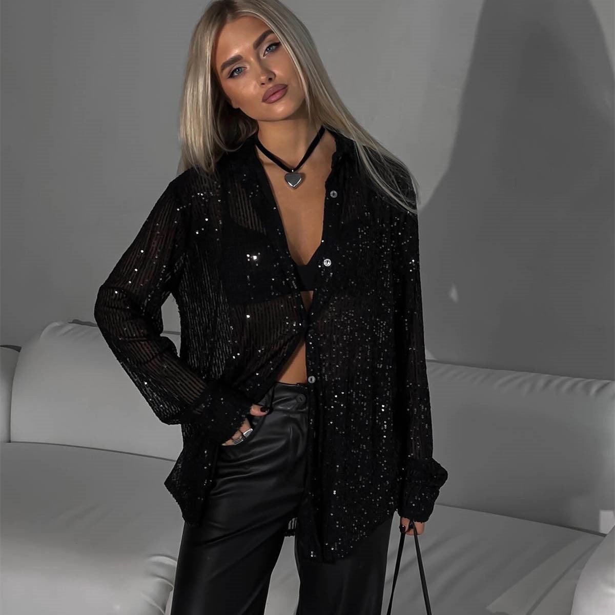 Spring Summer Sequin Top Collared Long Sleeve Cardigan Basic Women Clothing - Wanita Store