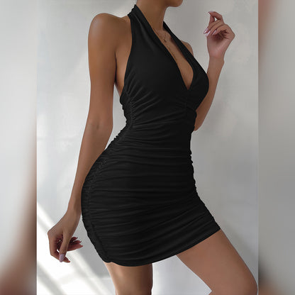 Summer New Women Clothing V-neck Halter Backless off-Shoulder Sexy Minimalist Pleated Dress - Wanita Store