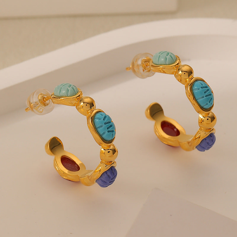 Color Gem C Shaped Earrings Ear Ring Affordable Luxury Niche High Sense Retro Silver Pin Earrings - Wanita Store