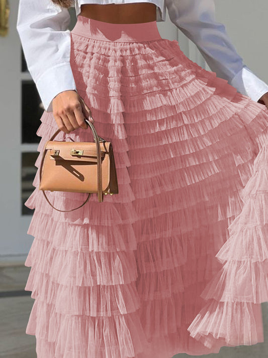 【MOQ-5 packs】 Skirt Women Autumn Elegant Solid Color High Waist Mesh A line Dress Puffy French Dress