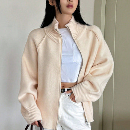 Lazy Sweater Coat Women Autumn Winter Korean Solid Color Stand Collar Zipper Knitted Cardigan Top - Wanita Store