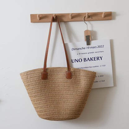 Simple Shoulder Straw Bag Large Capacity Straw Bag Woven Bag Tote Bag Women Seaside Vacation Beach Bag - Wanita Store