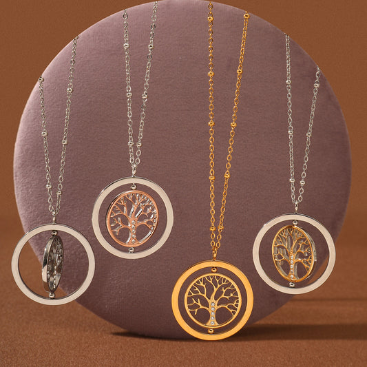 Nimai Design Diamond Rotating Tree of Life Stainless Steel Necklace Women 18K Gold Titanium Steel Embellished Women - Wanita Store