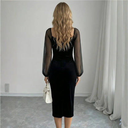 Robe mi-longue en velours à col carré pour femme, manches longues, manches lanterne, taille cintrée, hanches amincies