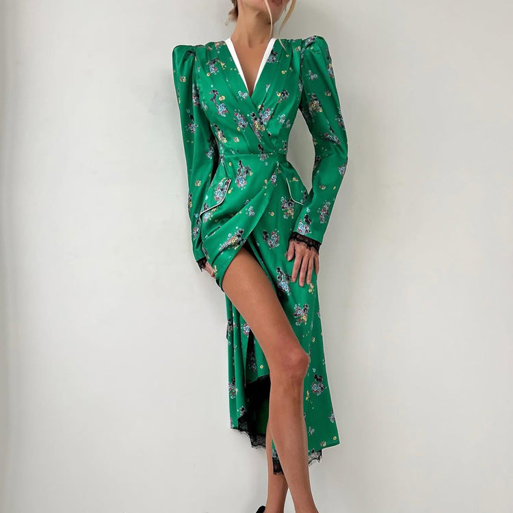 Women Clothing Elegant Printing A Line Dress V neck Long Sleeve Lace Stitching French Dress