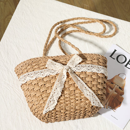 Straw Bag Lace Bow Woven Bag Fairy Seaside Vacation Beach Bag Women Bag - Wanita Store