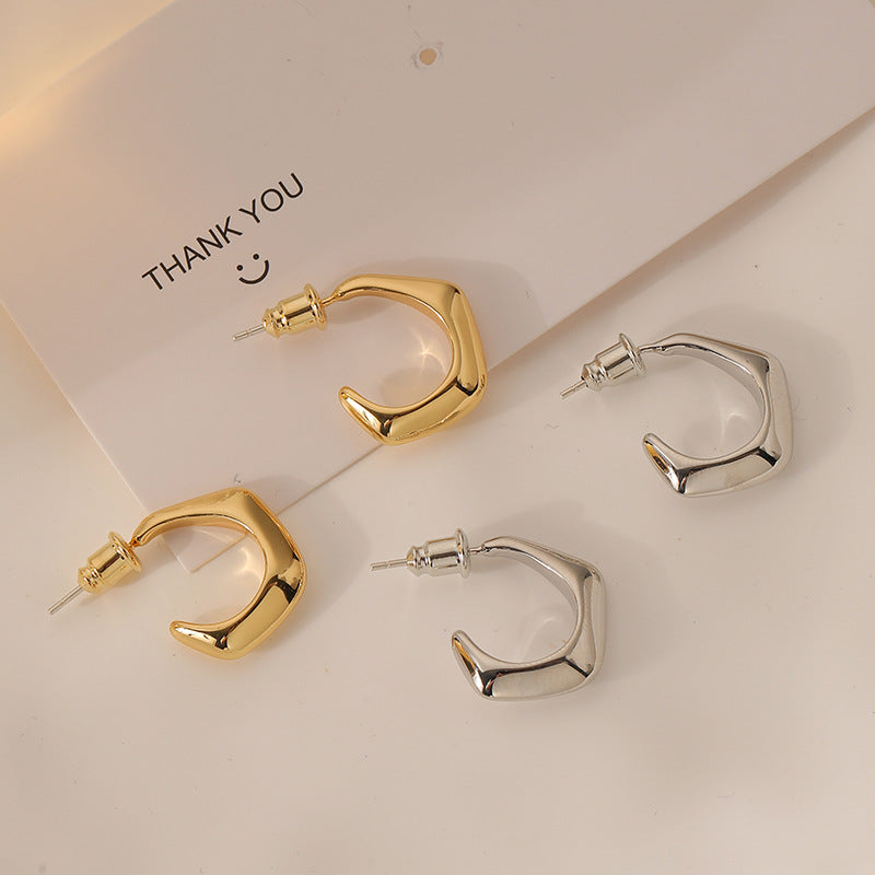 All Match Office Small C Shaped Stud Earrings Simple Exquisite 925 Silver Needle Real Gold Plating Geometric Abstract Frosty Earrings - Wanita Store