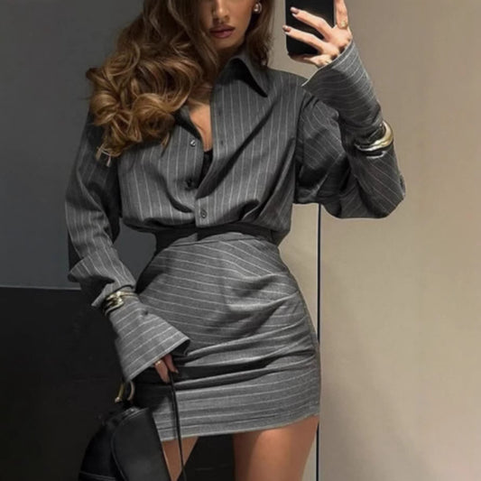 Spring Summer Striped Top Short Skirt Two Piece Casual Two Piece Sets Women